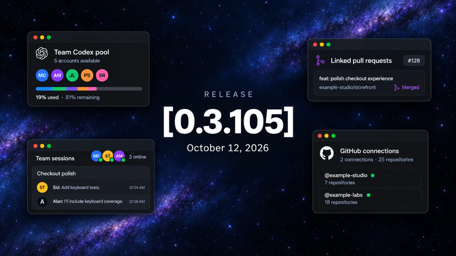 Release 0.3.105, October 12, 2026: Team Codex pool, linked pull requests, team sessions, and GitHub connections