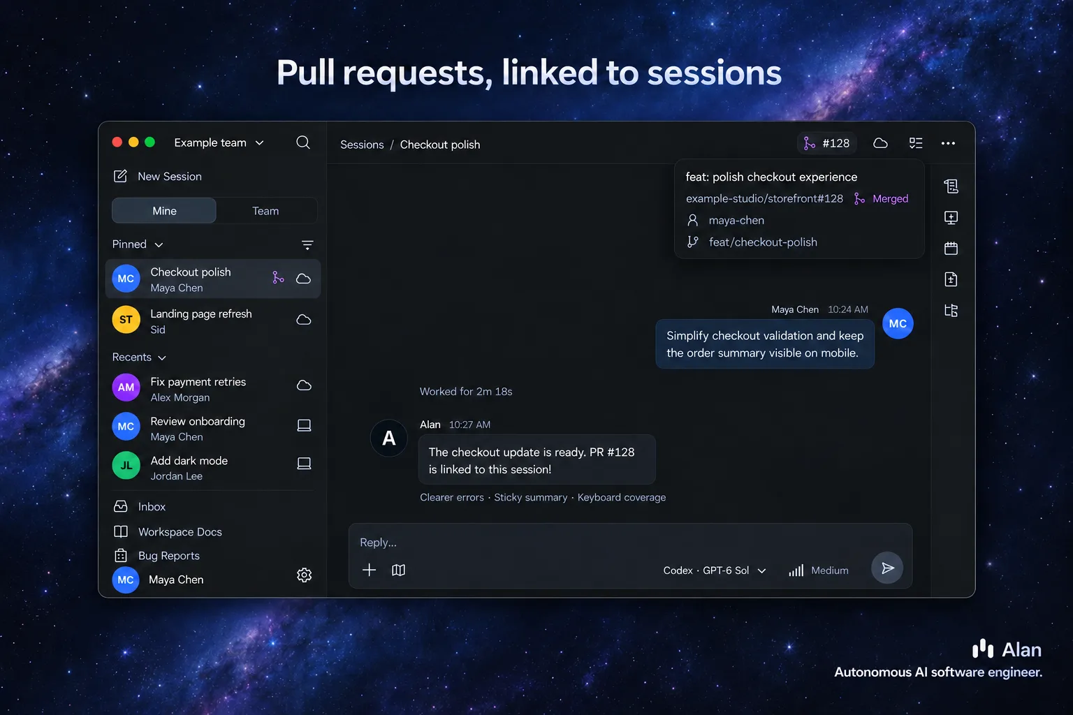 A chat session header showing linked pull request #128 with its title, repository, author, branch, and Merged state