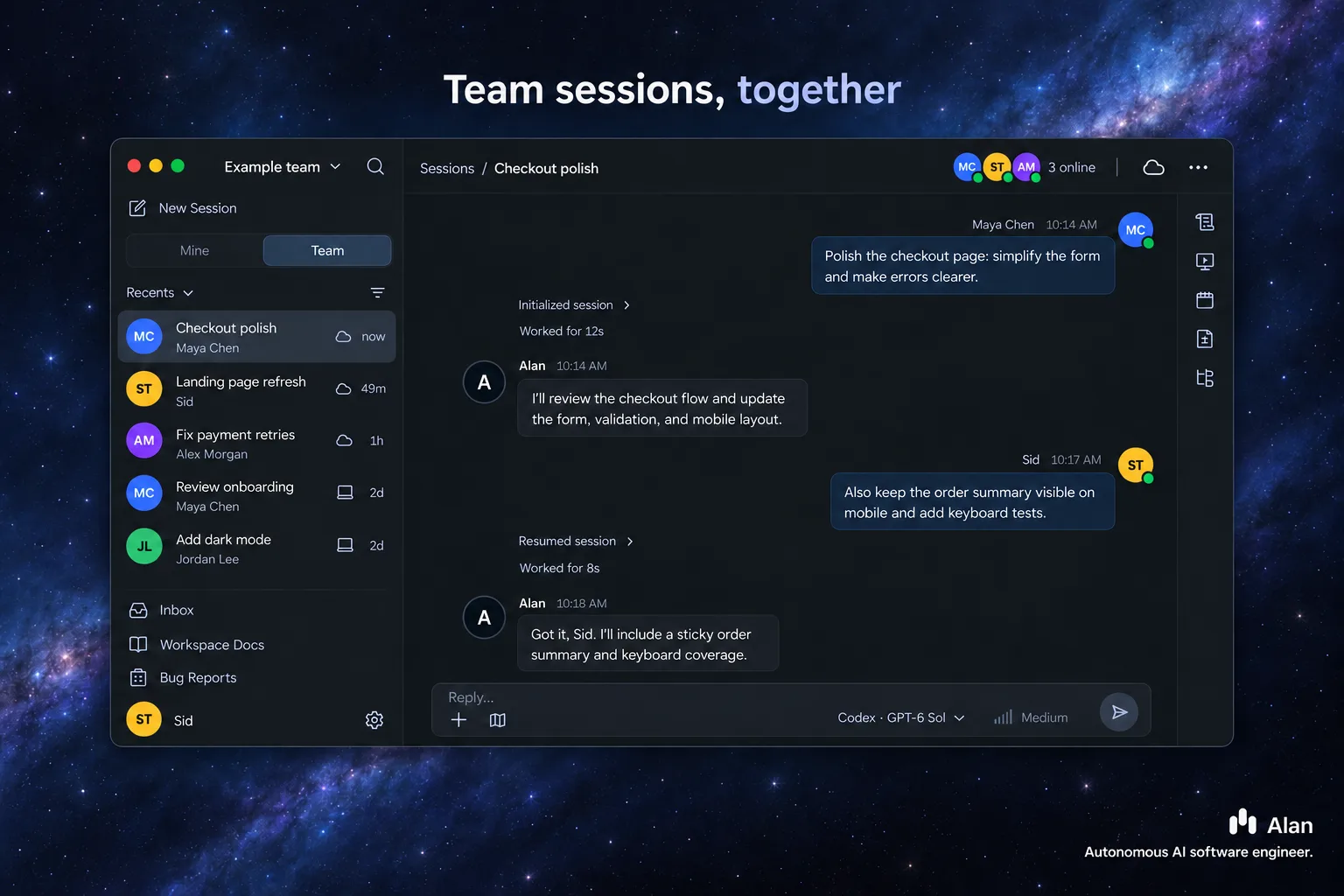 The Team tab of the sessions sidebar with a shared cloud session showing three teammates online