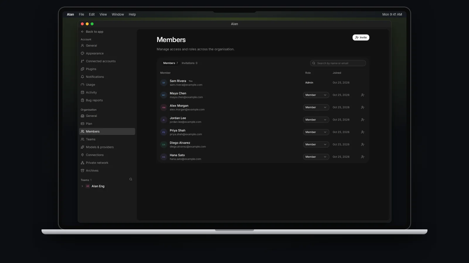 Alan organisation settings showing members and invitations