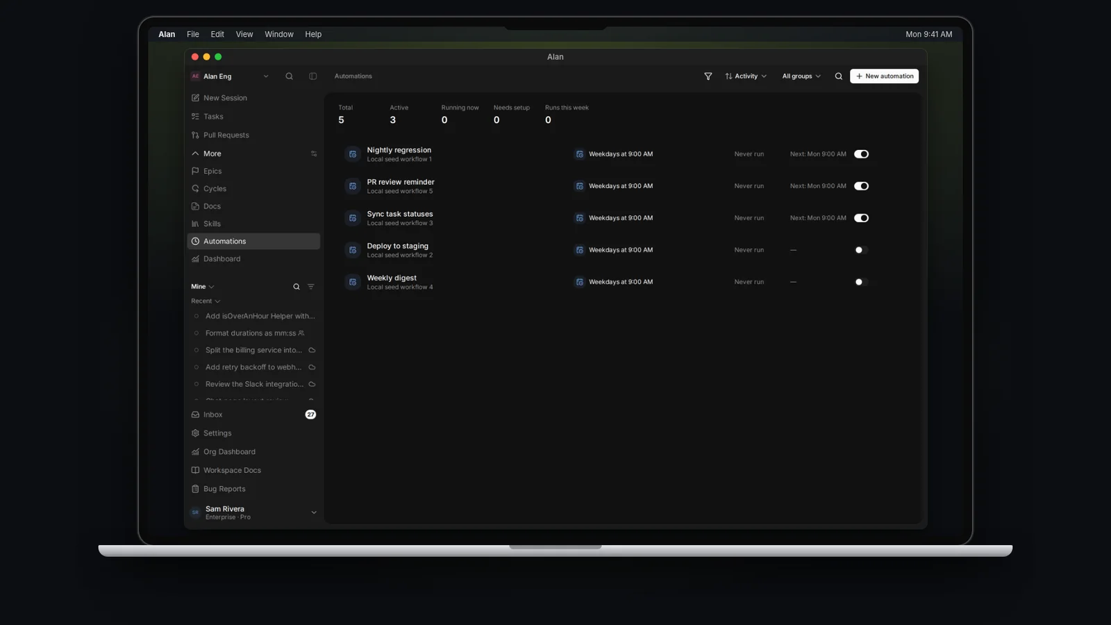 Alan's Automations page for a team