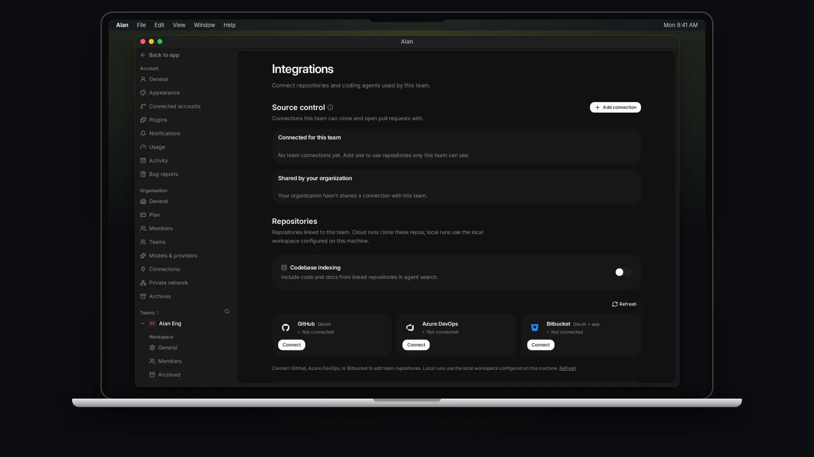 Alan team integrations settings with source control and repositories