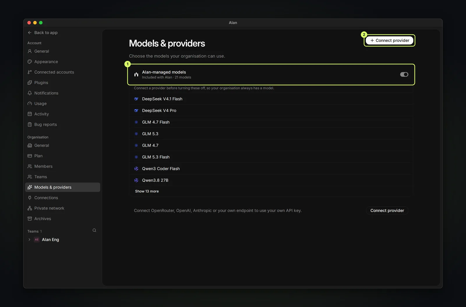 The Models and providers page with Alan-managed models included with Alan and a list of models such as DeepSeek V4.1 Flash, GLM and Qwen, and a Connect provider button.