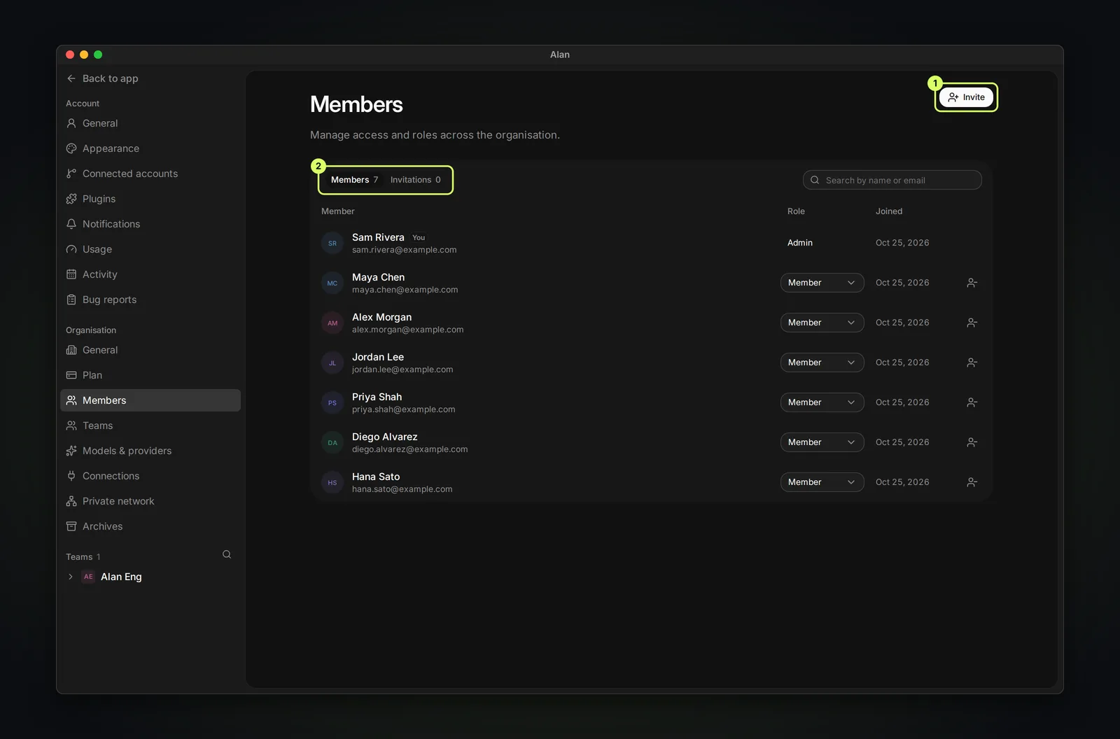The organisation Members page listing members with their email, role (Admin or Member), and join date, with an Invite button and Members and Invitations tabs.
