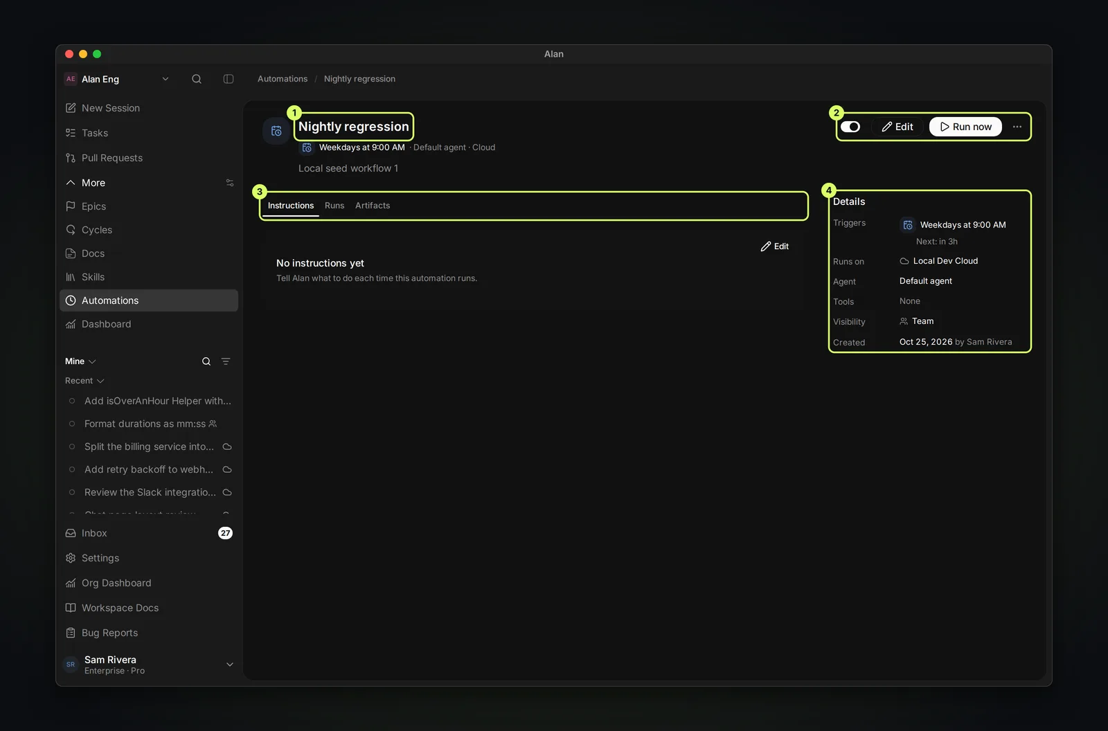 The Nightly regression automation page with its weekday 9:00 AM schedule, an on/off switch, Edit and Run now buttons and a more-actions menu, tabs for Instructions, Runs, and Artifacts, and a Details panel listing Triggers with the next run, Runs on Local Dev Cloud, Agent, Tools, Visibility Team, and Created by Sam Rivera.