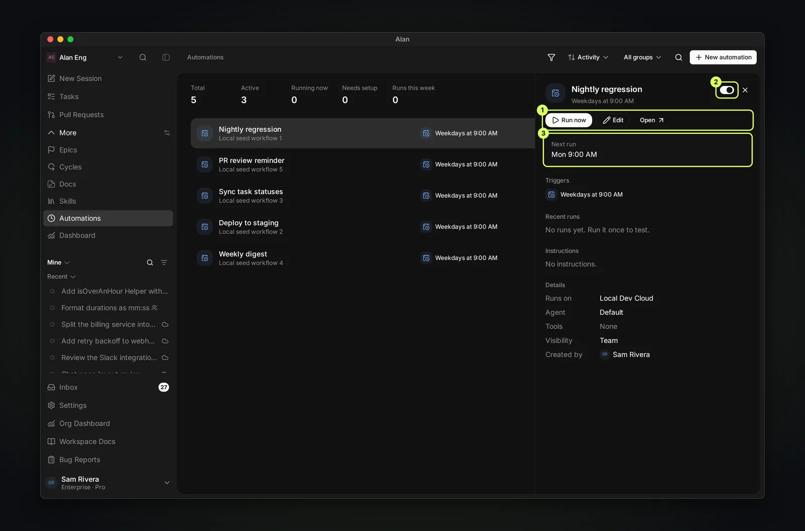 The Automations list with the Nightly regression automation selected and a side panel showing Run now, Edit, and Open buttons, an on/off switch, the next run on Monday at 9:00 AM, its weekday schedule trigger, no recent runs, and details including Runs on Local Dev Cloud, Agent Default, Tools None, and Visibility Team.