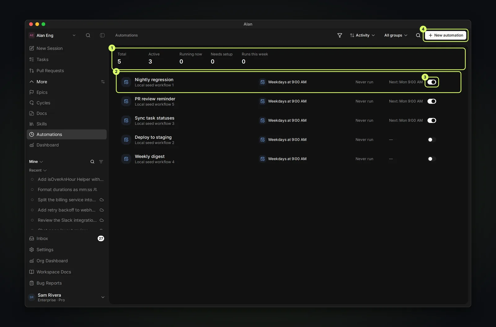 The Automations page for the Alan Eng team, showing totals for Total, Active, Running now, Needs setup, and Runs this week, and five automations such as Nightly regression and PR review reminder, each scheduled for weekdays at 9:00 AM, with an on/off switch and a New automation button in the header.