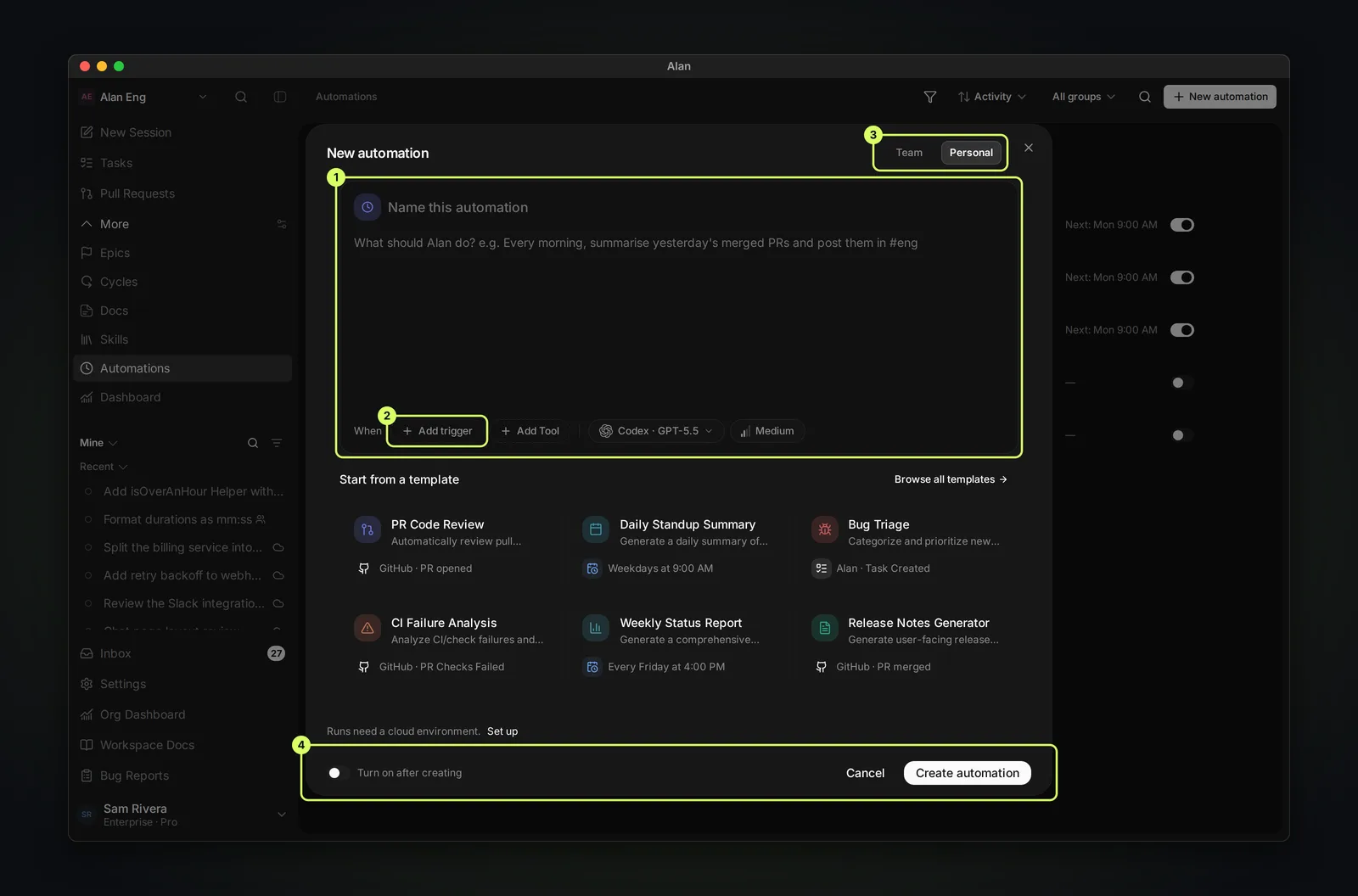 The New automation dialog with a name field, an instructions box reading What should Alan do?, a When row with Add trigger, Add Tool, an agent menu showing Codex GPT-5.5 and a Medium effort menu, a Team or Personal switch, six templates such as PR Code Review and Daily Standup Summary, and a footer with Turn on after creating, Cancel, and Create automation.
