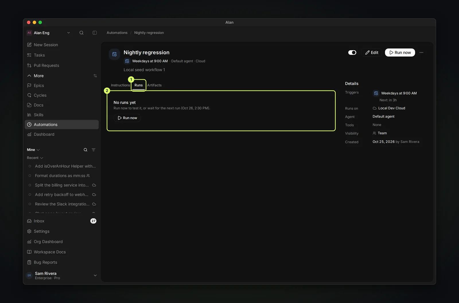 The Nightly regression automation page with the Runs tab selected, showing No runs yet with the hint Run now to test it, or wait for the next run, and a Run now button.
