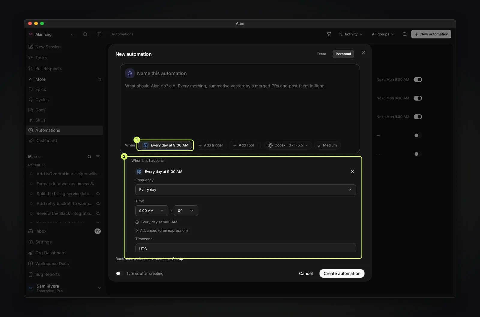 The New automation dialog with an Every day at 9:00 AM trigger chip selected and its settings below: Frequency set to Every day, Time 9:00 AM, a preview reading Every day at 9:00 AM, an Advanced (cron expression) toggle, and a Timezone field set to UTC.