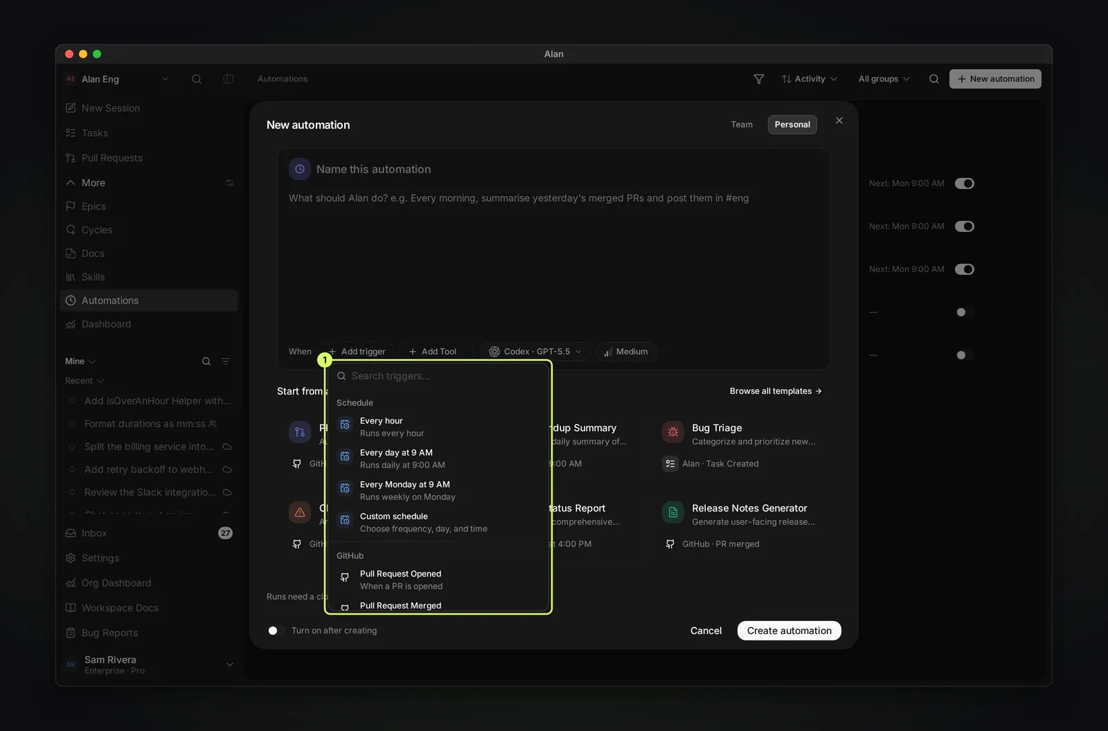 The Add trigger menu open in the New automation dialog, with a Search triggers box and a Schedule group listing Every hour, Every day at 9 AM, Every Monday at 9 AM, and Custom schedule, followed by a GitHub group starting with Pull Request Opened and Pull Request Merged.