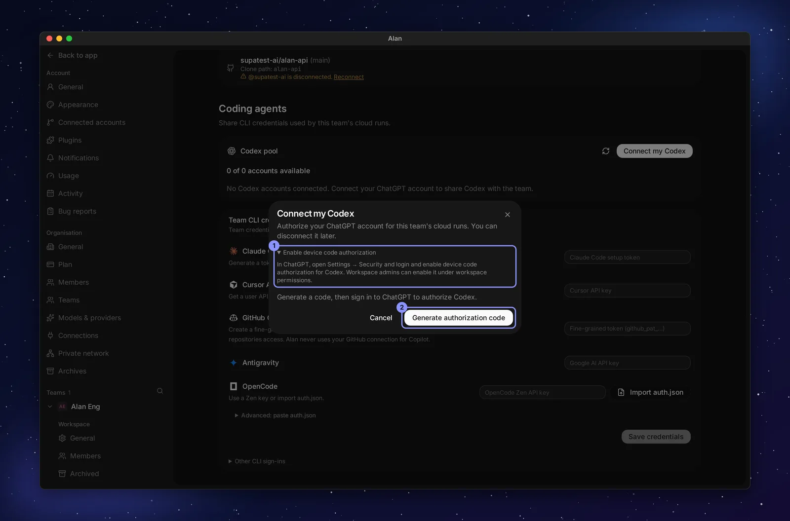 The Connect my Codex dialog with the Enable device code authorization section expanded and a Generate authorization code button.