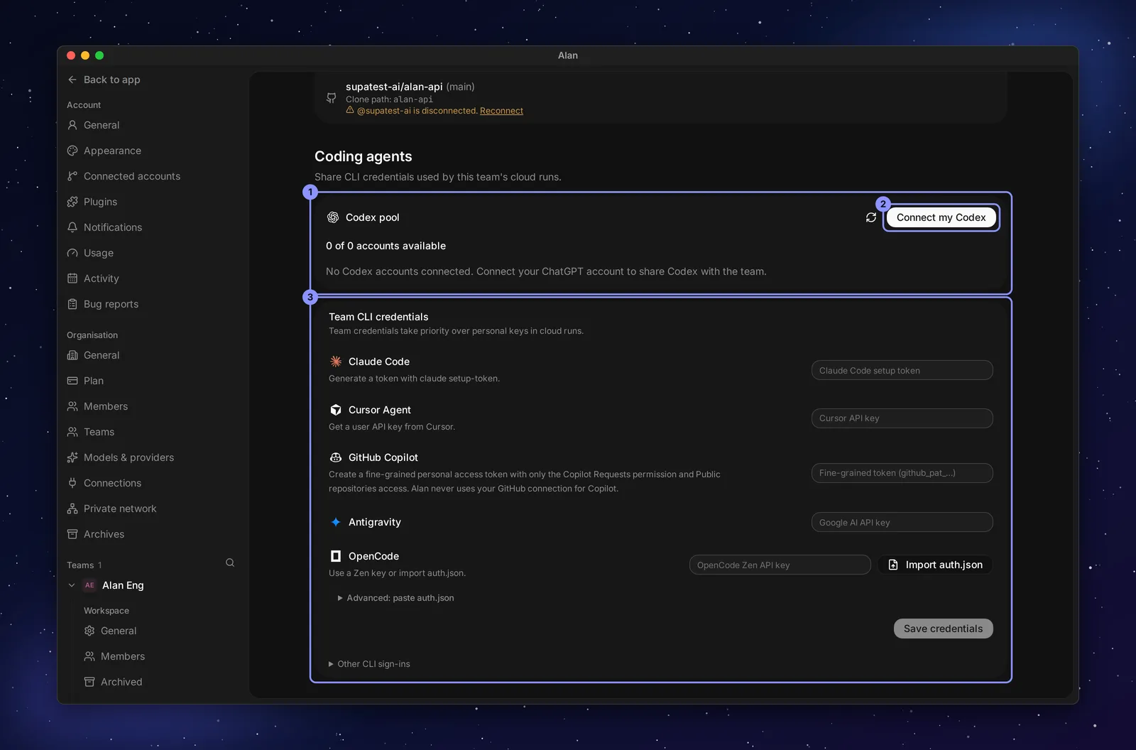 The Coding agents section of team Integrations, showing the Codex pool with 0 of 0 accounts available and a Connect my Codex button, and Team CLI credentials for Claude Code, Cursor Agent, GitHub Copilot, Antigravity and OpenCode.