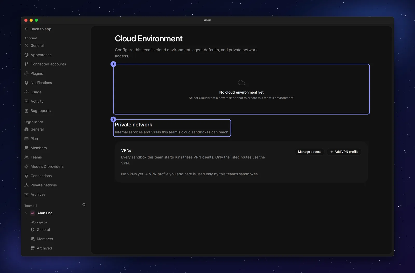 The Cloud Environment settings page showing No cloud environment yet with the hint Select Cloud from a new task or chat to create this team's environment, and the Private network section with VPNs below.