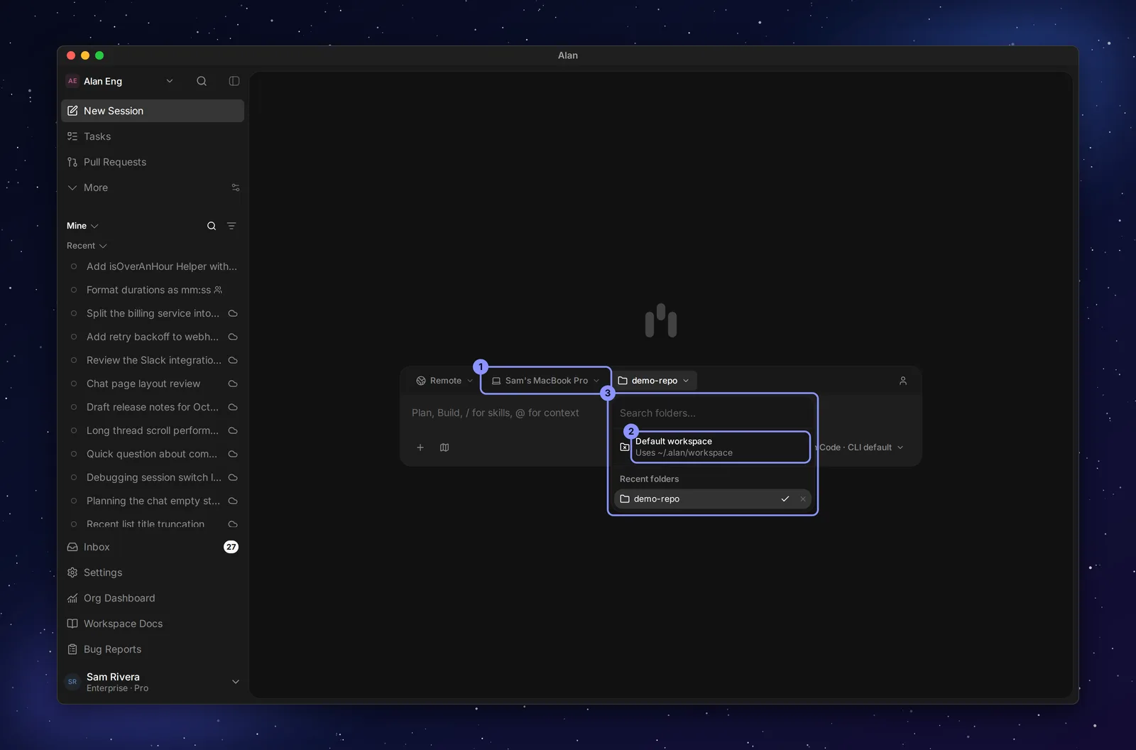 The composer folder picker open under Sam's MacBook Pro, with a Search folders box, Default workspace (Uses ~/.alan/workspace), and demo-repo under Recent folders.