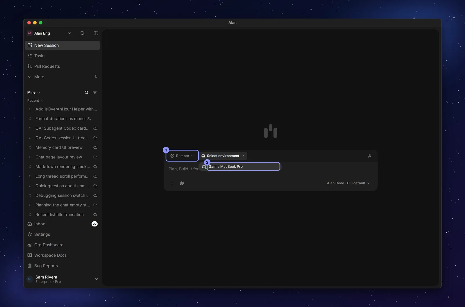 The New Session composer with Remote selected and the machine picker open, listing Sam's MacBook Pro with a green dot.