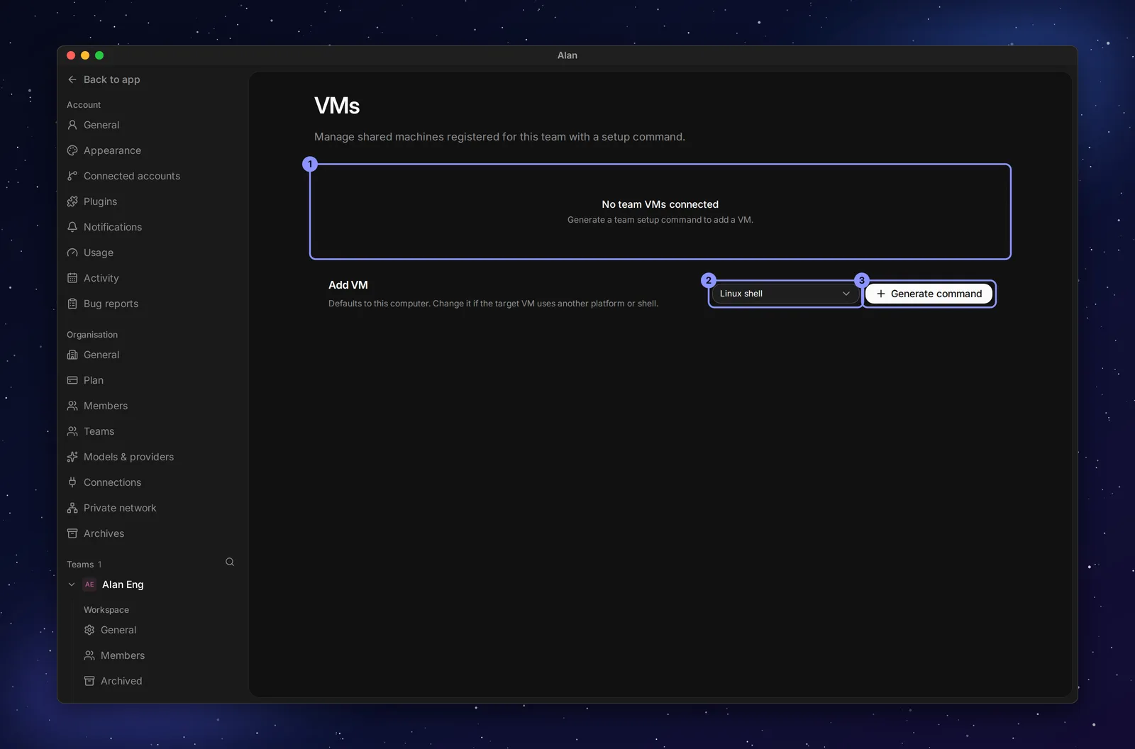 The VMs settings page showing No team VMs connected, and an Add VM row with a Linux shell dropdown and a Generate command button.