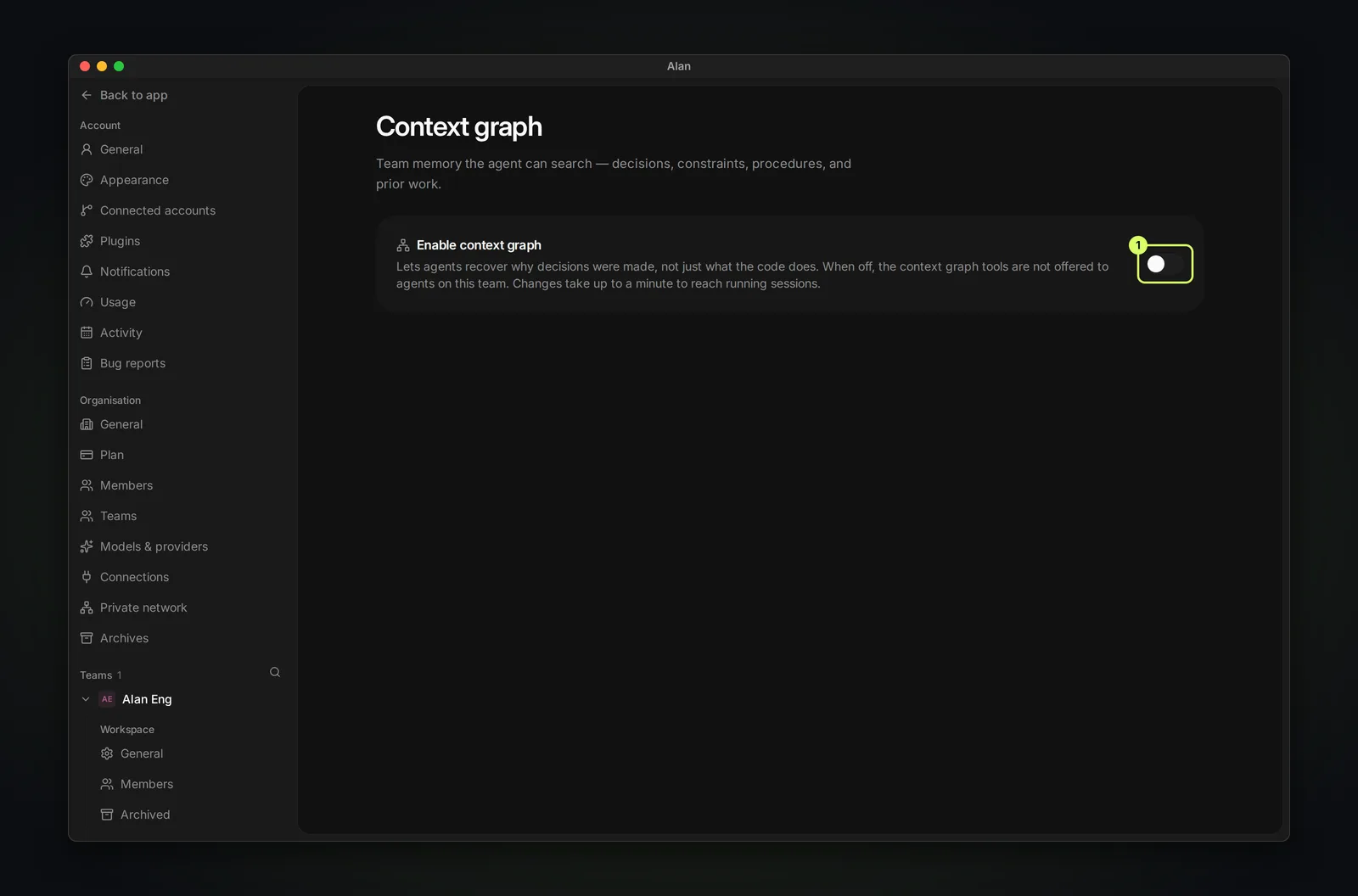The Context graph settings page describing team memory, with the Enable context graph switch highlighted.