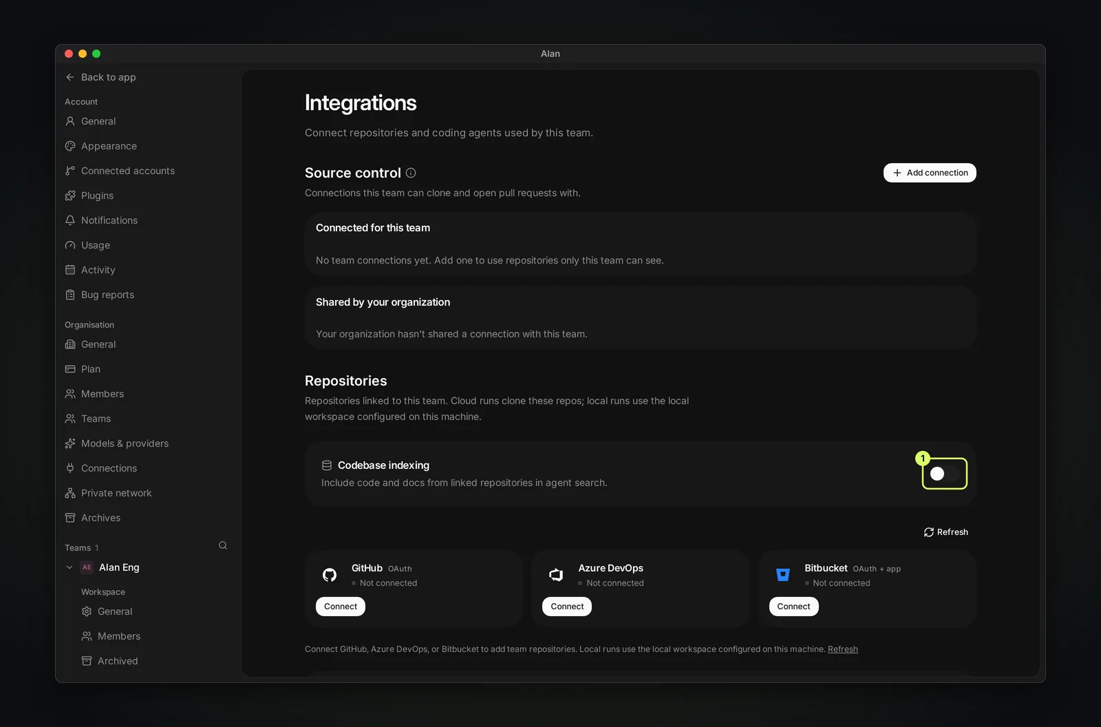 The team Integrations page with the Codebase indexing switch highlighted in the Repositories section.