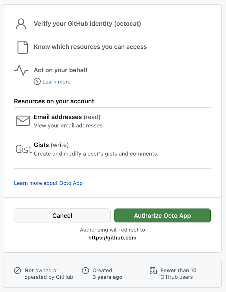 GitHub's example account authorization screen for Octo App, with the signed-in identity, sample account permissions, and Authorize Octo App button.