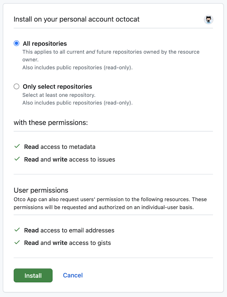 GitHub's example installation screen for Octo App on the personal account octocat, showing All repositories, Only select repositories, sample permissions, and Install.