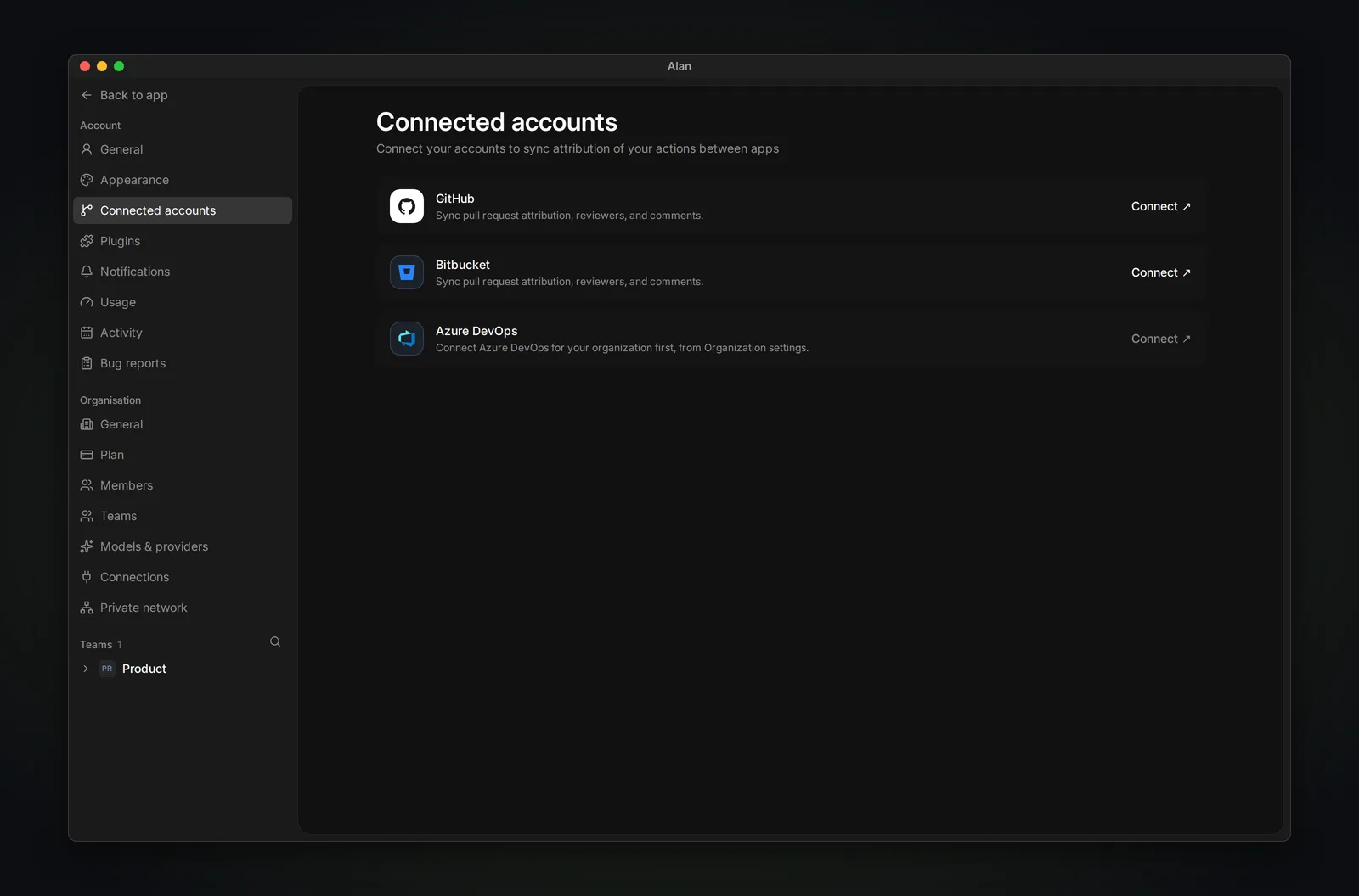 Account settings with the GitHub connection on the Connected accounts page.
