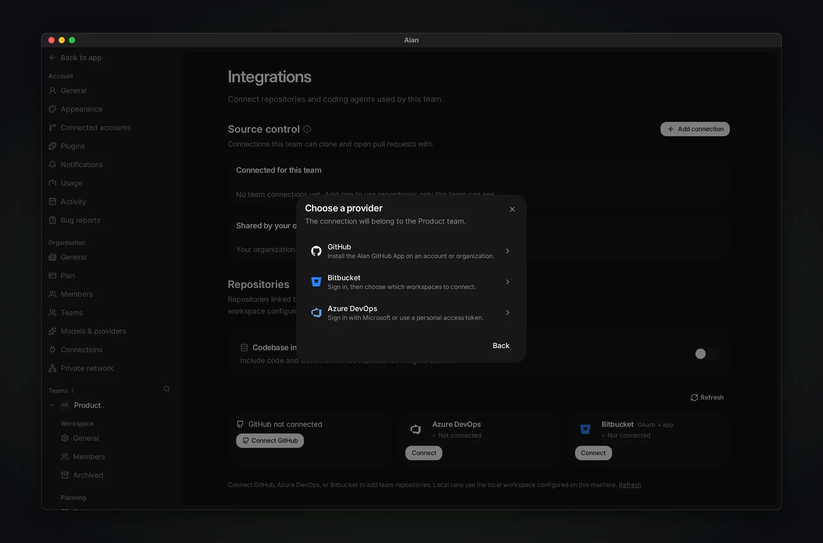 The Choose a provider dialog with GitHub, Bitbucket, and Azure DevOps.