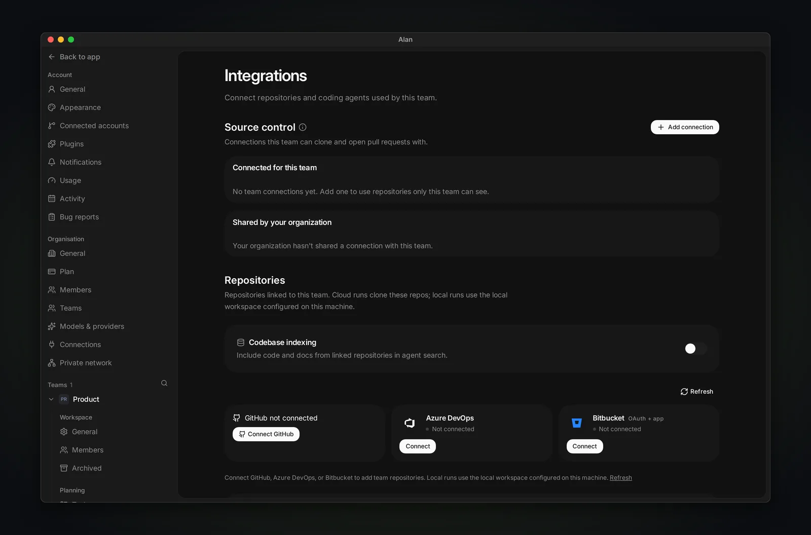 The team's Integrations settings with the Source control section and Add connection button.