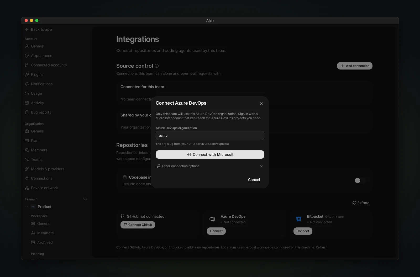 Connect Azure DevOps dialog with an organization field and Connect with Microsoft button.