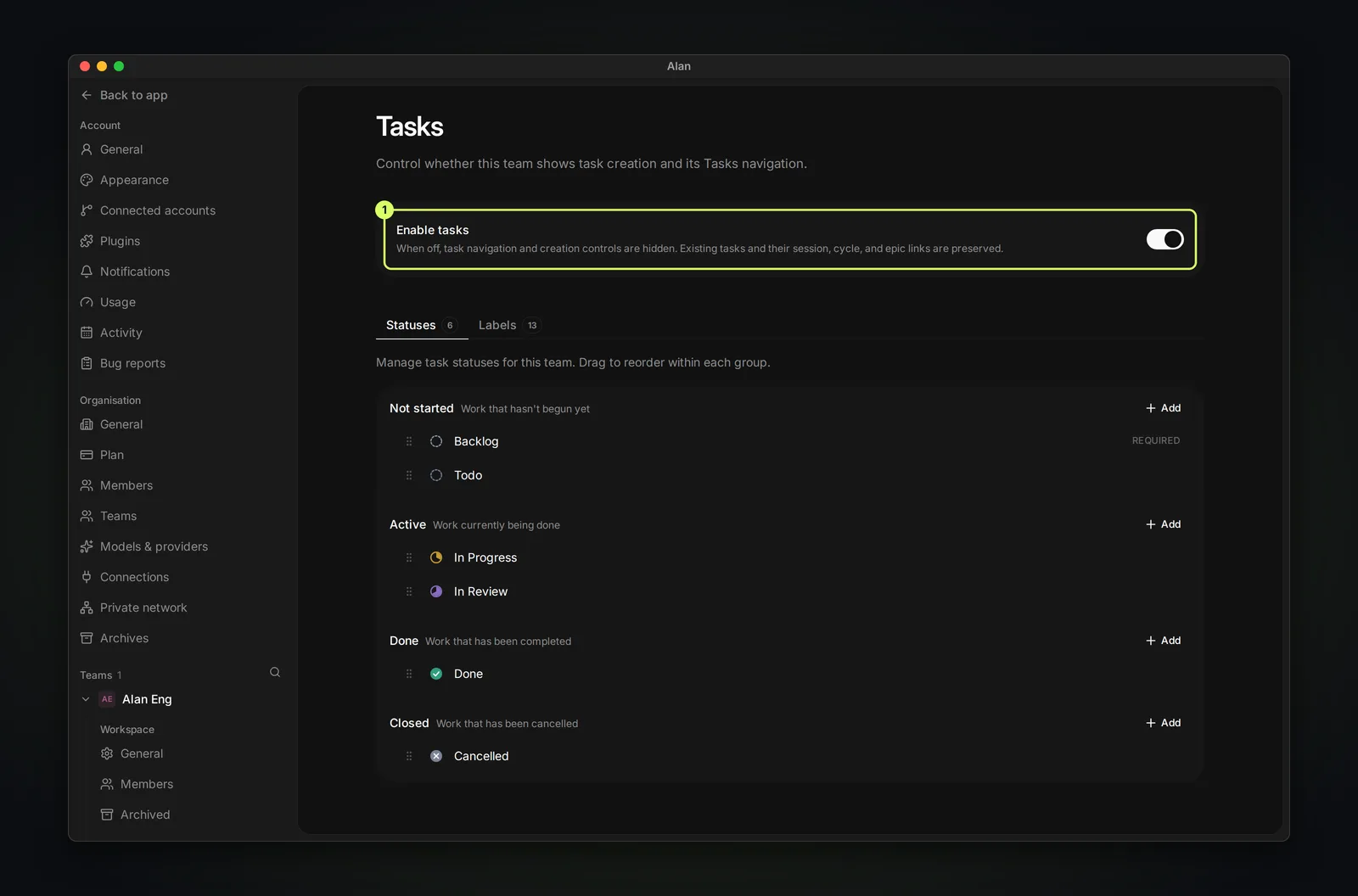The team Tasks settings page with the Enable tasks switch highlighted, above the Statuses and Labels tabs.