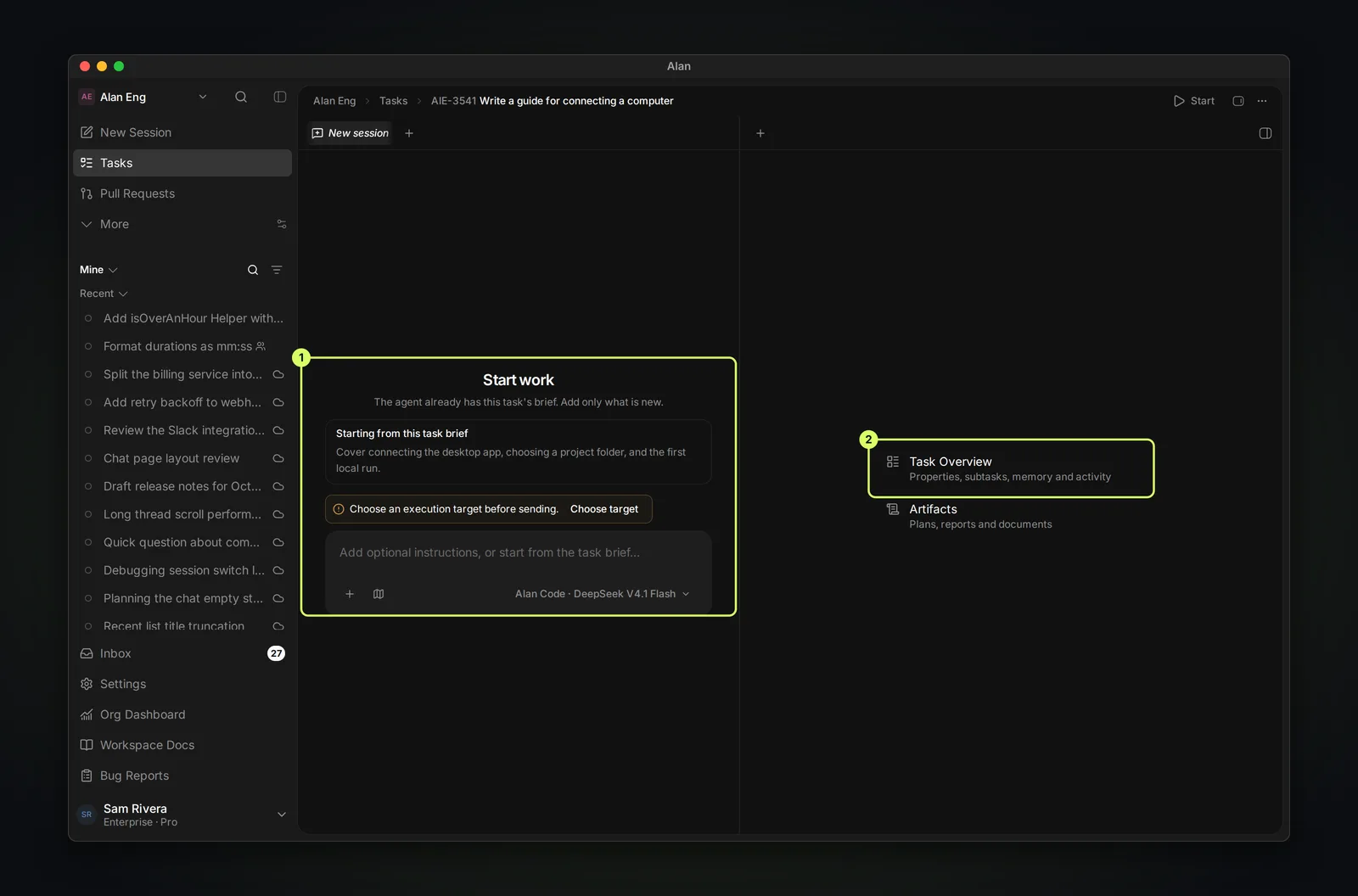 A task page showing the Start work panel with the task brief, an execution target warning and the session composer, and the Task Overview panel on the right.