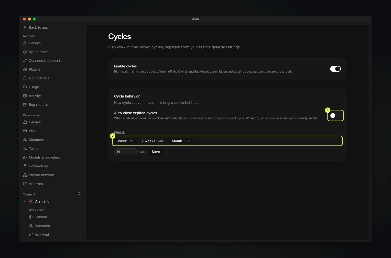 The Cycles settings page with the Enable cycles switch, an Auto-close cycles switch, and a Period choice of Week, 2 weeks, or Month, plus a custom number of days.