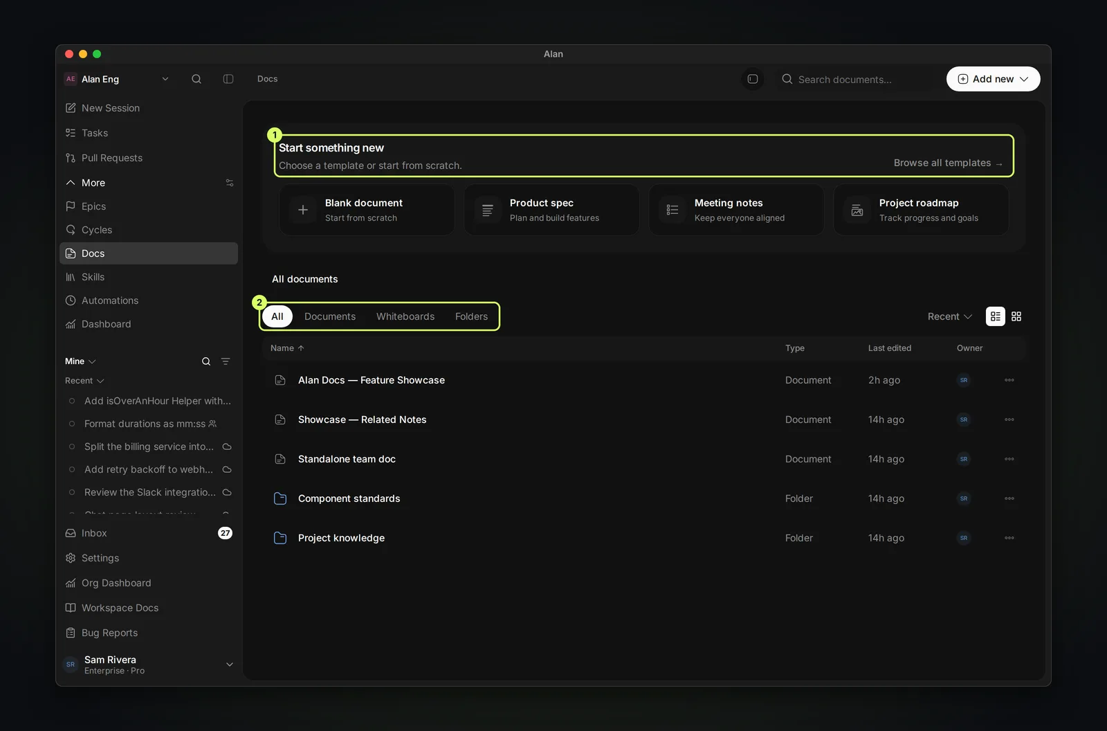 The Docs page with a Start something new row of templates (Blank document, Product spec, Meeting notes, Project roadmap), an All documents list with All, Documents, Whiteboards and Folders tabs, and an Add new button.
