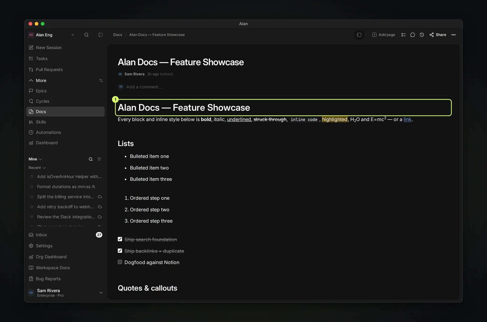 A document titled Alan Docs — Feature Showcase showing formatted text, lists, and checkboxes, with a comment box above it and Add page, comments and Share controls in the header.