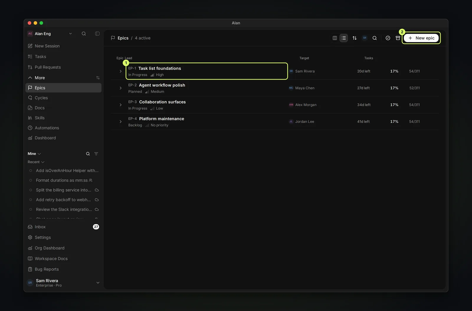 The Epics page listing four epics, each with its status and priority, lead, days left to the target date, percentage complete, and done over total tasks, with a New epic button.