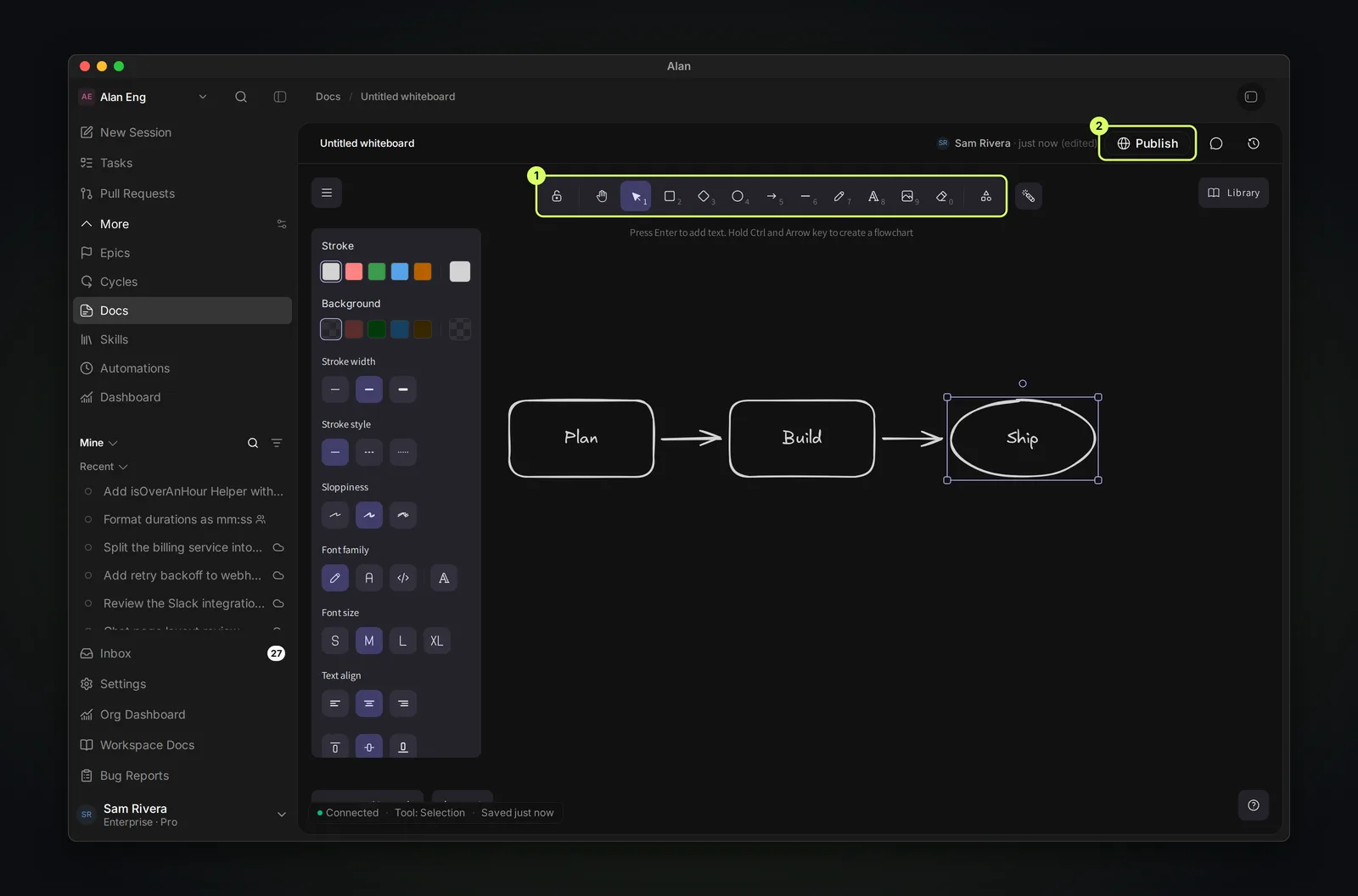 A whiteboard canvas with a Plan, Build, Ship flow drawn as two rectangles and an ellipse joined by arrows, the shapes toolbar along the top, a style panel on the left, and Publish, Comments and Version history in the header.
