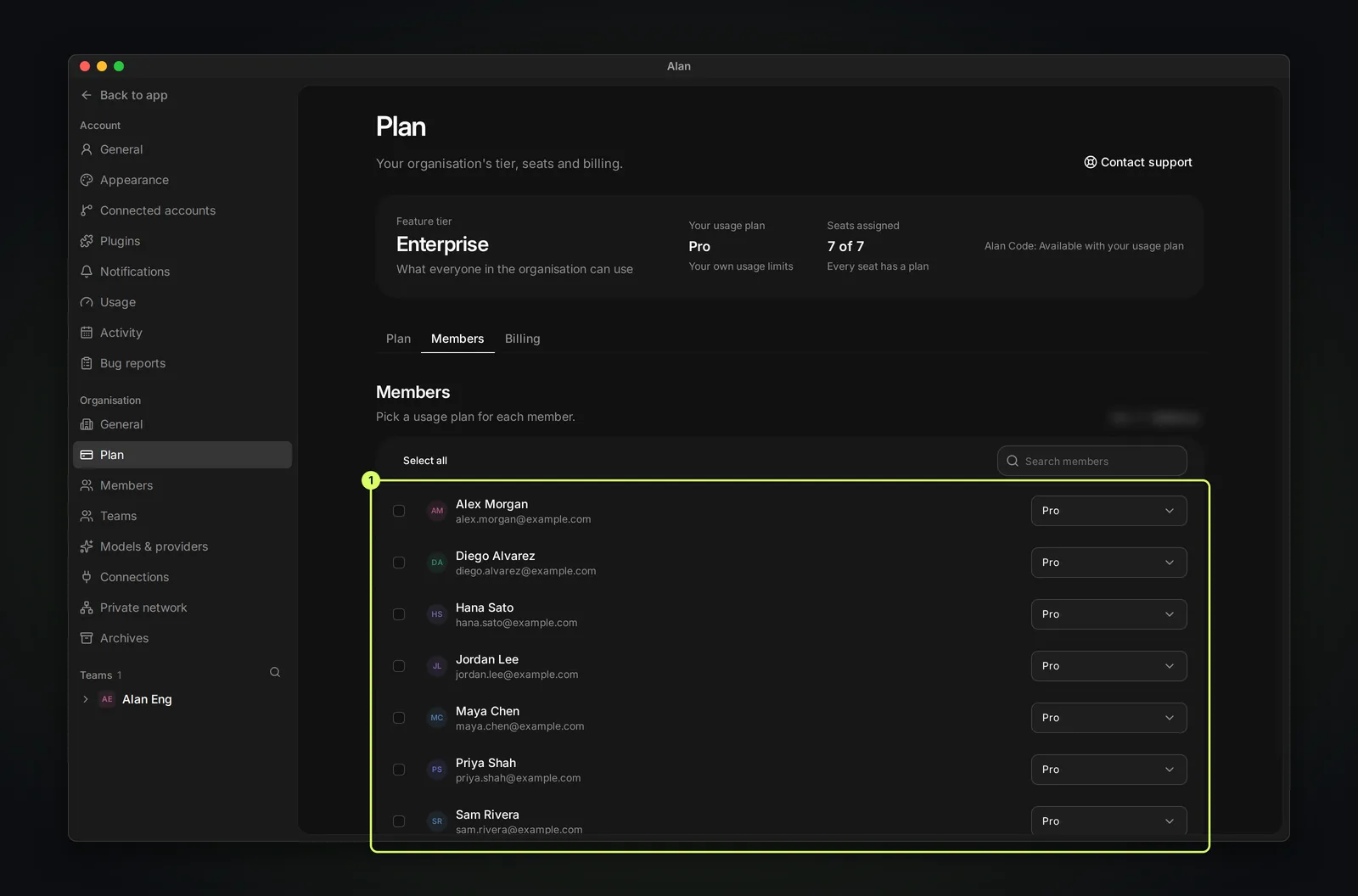 The Members tab of the organisation Plan page, reading Pick a usage plan for each member, with a table of members and a Usage plan menu on each row.