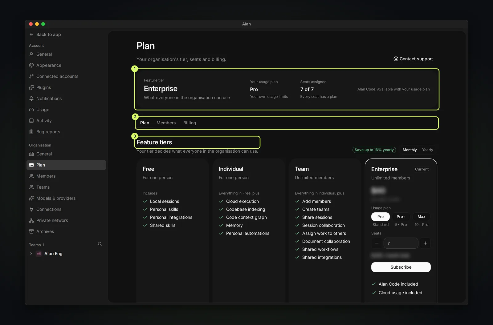 The organisation Plan page. A summary card shows Feature tier, Your usage plan, Seats assigned and Alan Code: Available with your usage plan. Below it the Plan, Members and Billing tabs, and on the Plan tab the Feature tiers cards for Free, Individual, Team and Enterprise with a Monthly and Yearly toggle, a usage plan picker, Seats, Subscribe, and Compare all features.