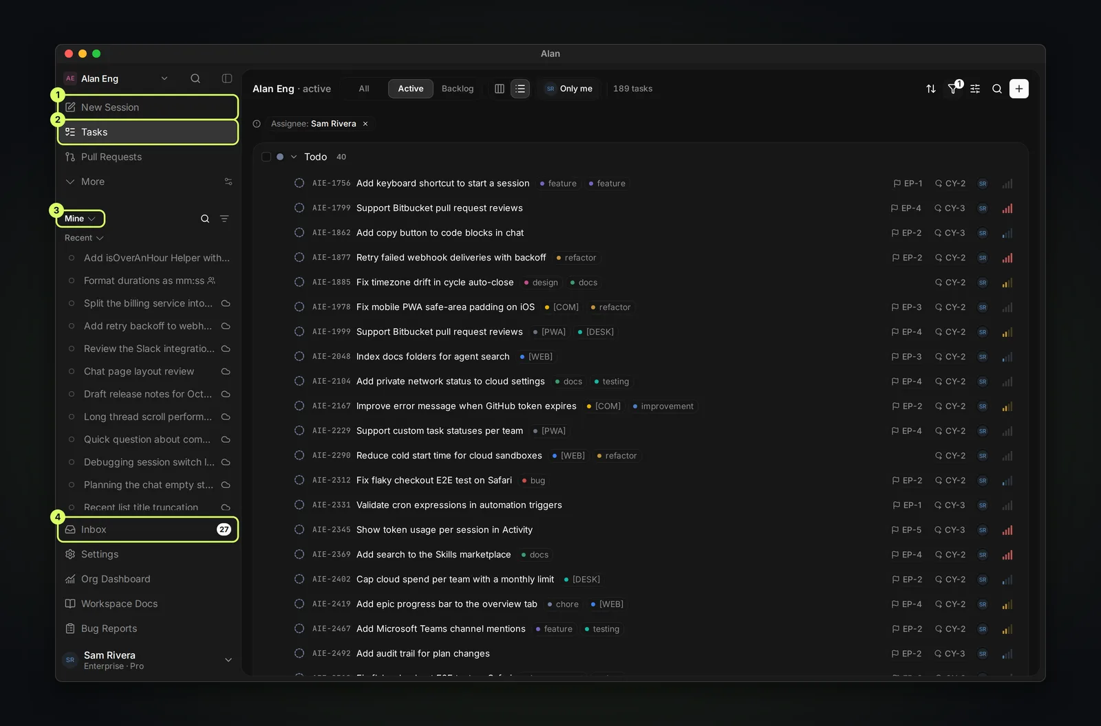 The Alan sidebar with four highlighted areas: New Session, the Tasks page, the session list scope selector, and the Inbox.