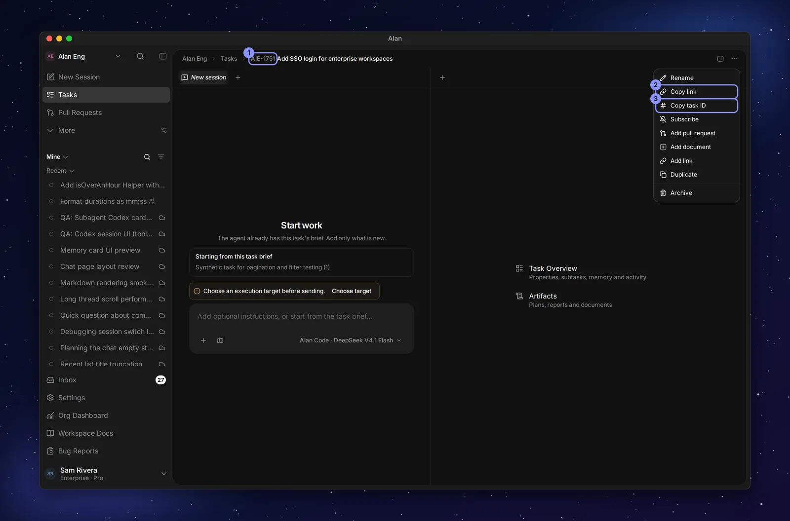 A task page with AIE-1751 in the breadcrumb and the Task actions menu open, showing Rename, Copy link, Copy task ID, Subscribe, Add pull request, Add document, Add link, Duplicate and Archive.