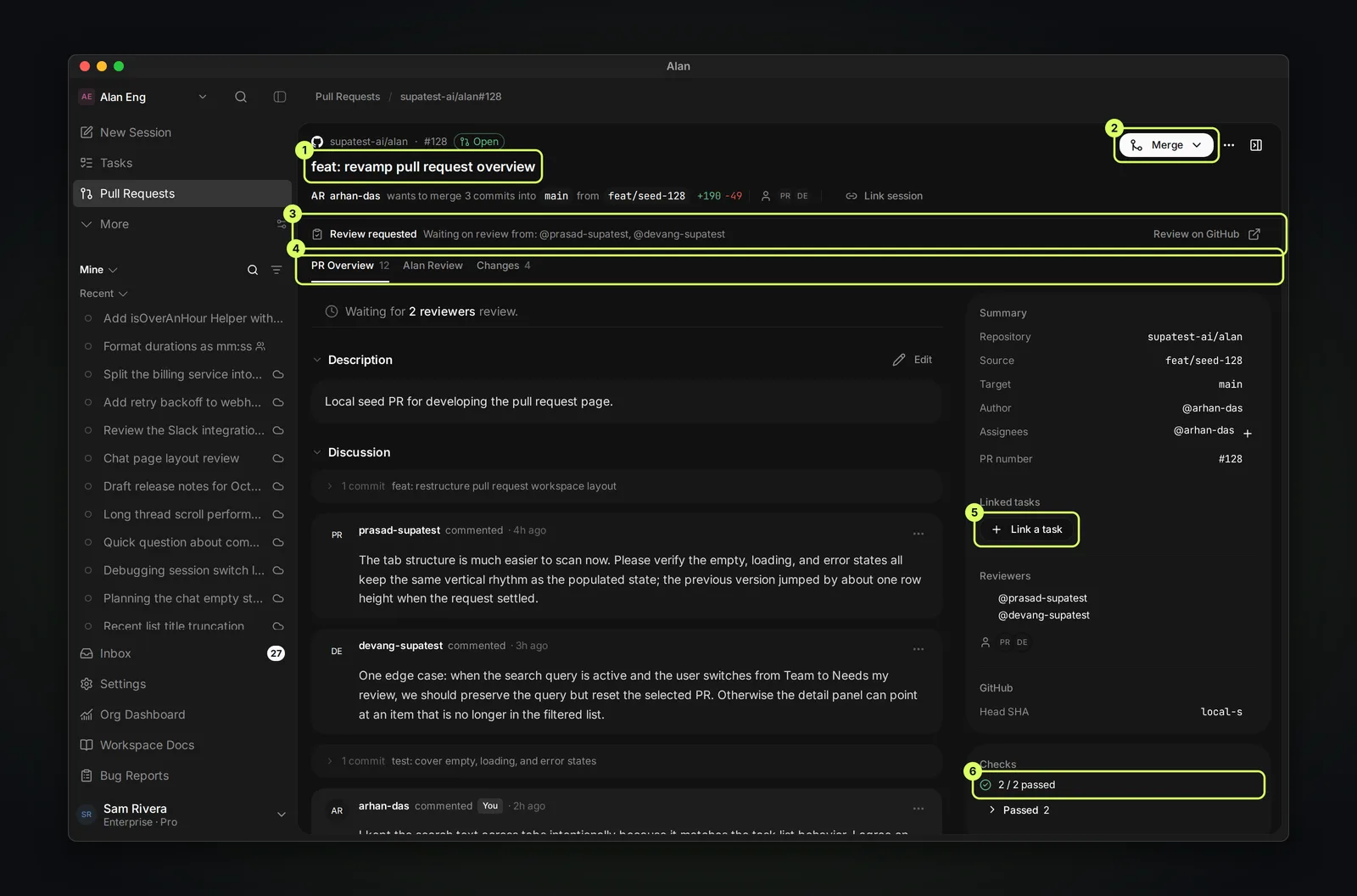 Pull request supatest-ai/alan #128, feat: revamp pull request overview, marked Open. A Review requested line waits on two reviewers. The PR Overview tab shows the description and discussion, and the right-hand panel shows the summary, Linked tasks with Link a task, reviewers, and Checks 2 / 2 passed.