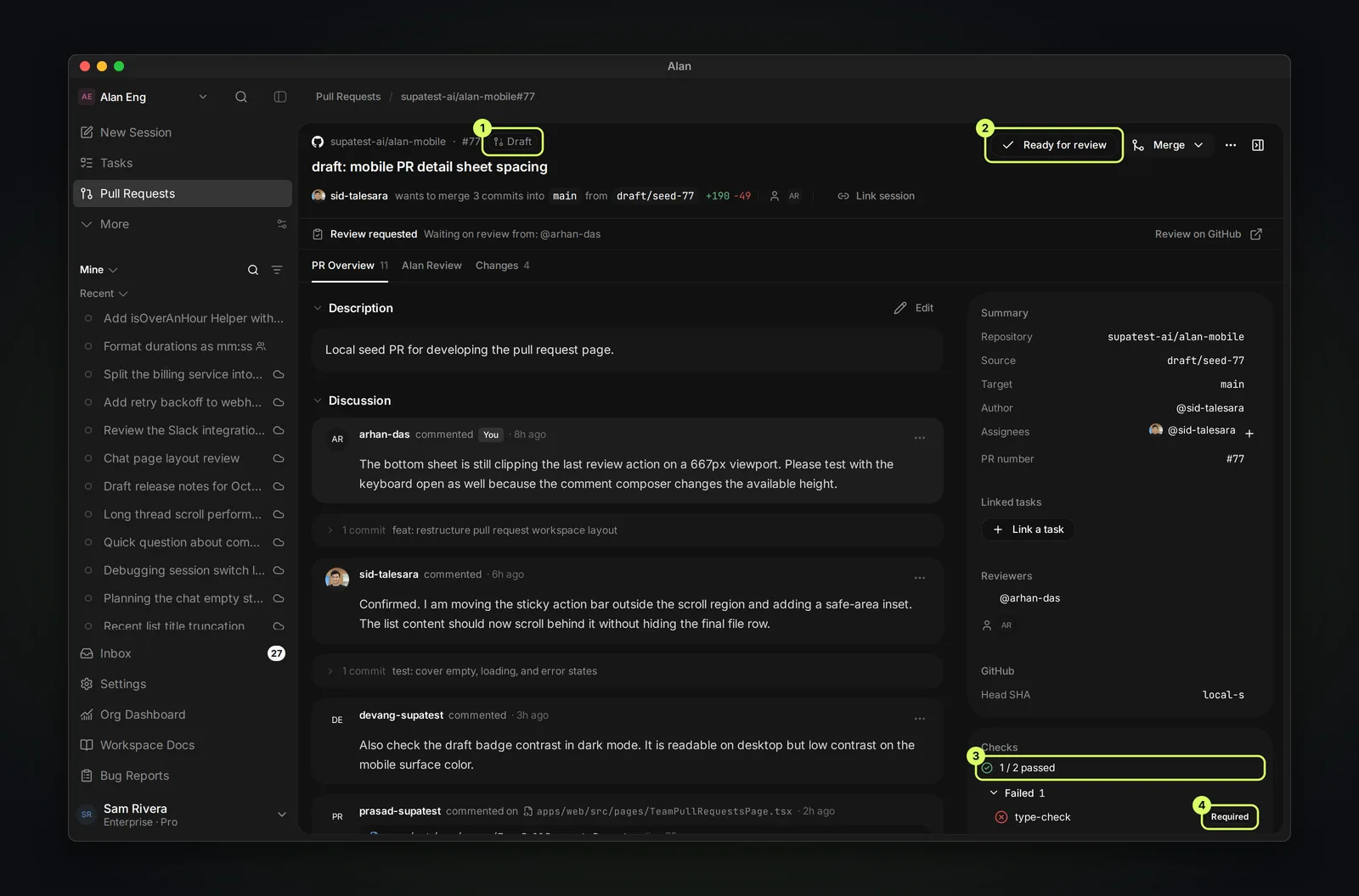 Draft pull request supatest-ai/alan-mobile #77 with a Ready for review button next to Merge. The Checks panel shows 1 / 2 passed, with type-check failed and marked Required.