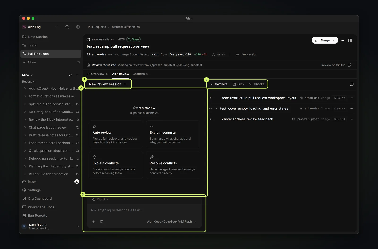 The Alan Review tab of pull request supatest-ai/alan #128. New review session is selected. Start a review offers Auto review, Explain commits, Explain conflicts, and Resolve conflicts. The composer below is set to Cloud with the prompt Ask anything or describe a task. On the right, the PR context panel lists three commits with Files and Checks tabs.