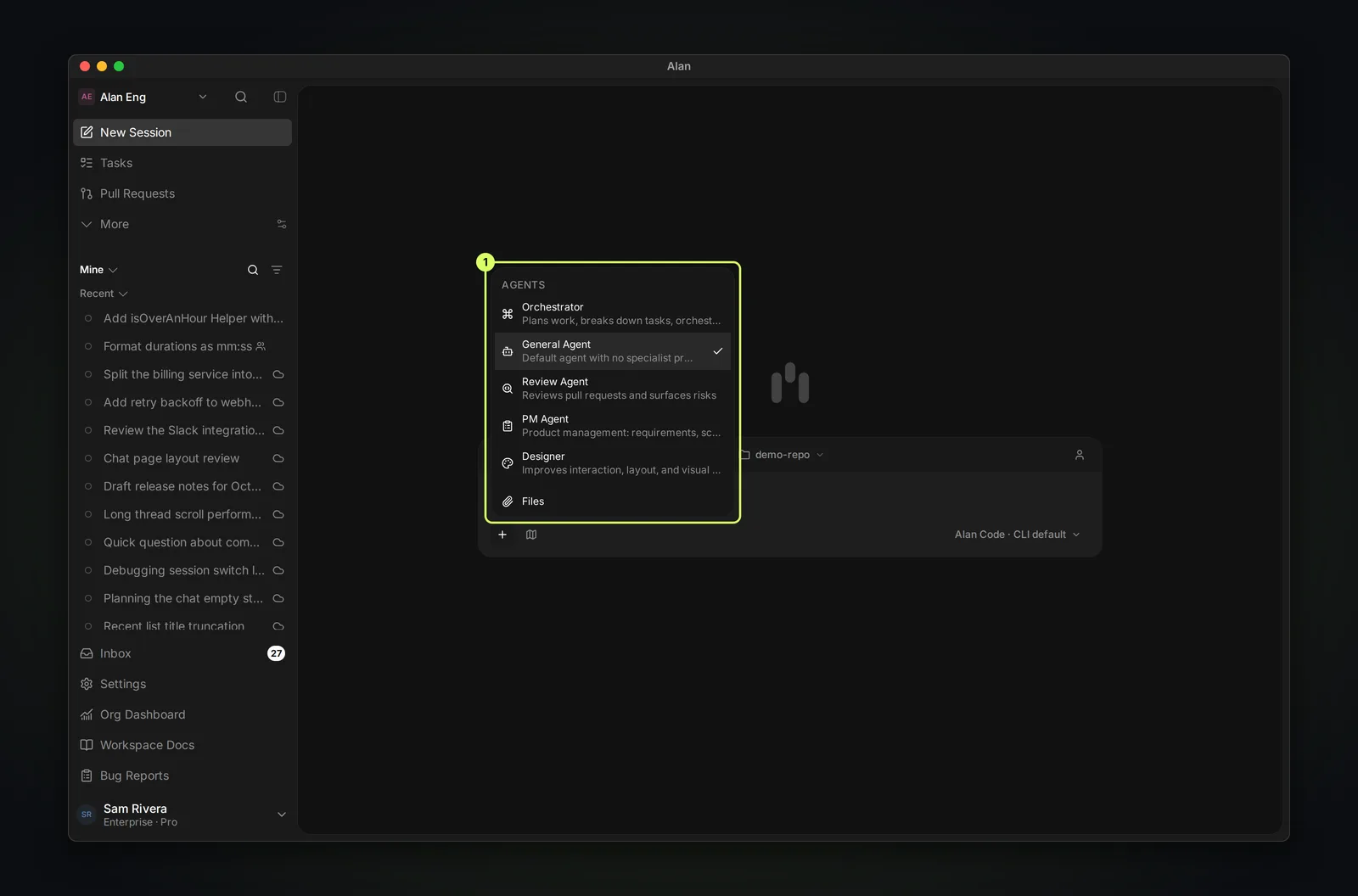 The composer's plus menu open, listing the agents Orchestrator, General Agent (selected), Review Agent, PM Agent and Designer, and a Files option.