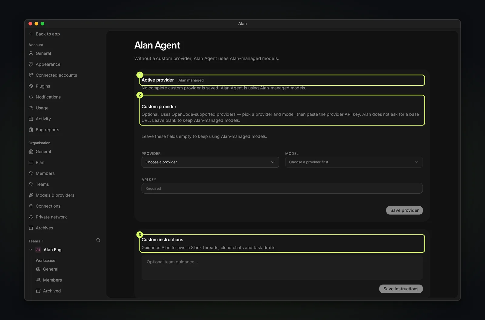 The Alan Agent settings page with three highlighted cards: Active provider showing Alan managed, Custom provider with provider, model and API key fields, and Custom instructions.
