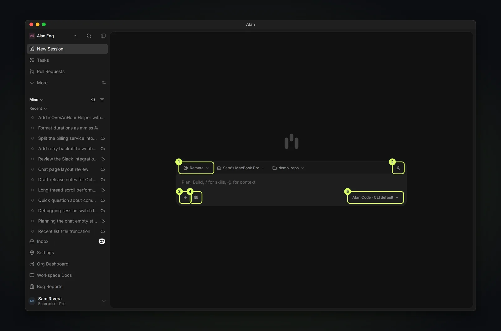 The New Session composer with five numbered controls: Execution target, Session audience, the plus menu, the mode toggle, and the agent and model picker.