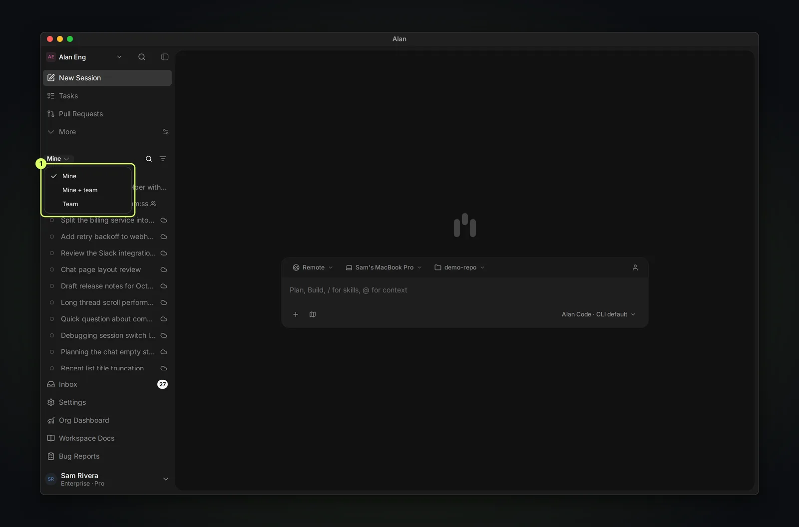 The sidebar session list with its scope menu open, showing Mine, Mine + team, and Team.