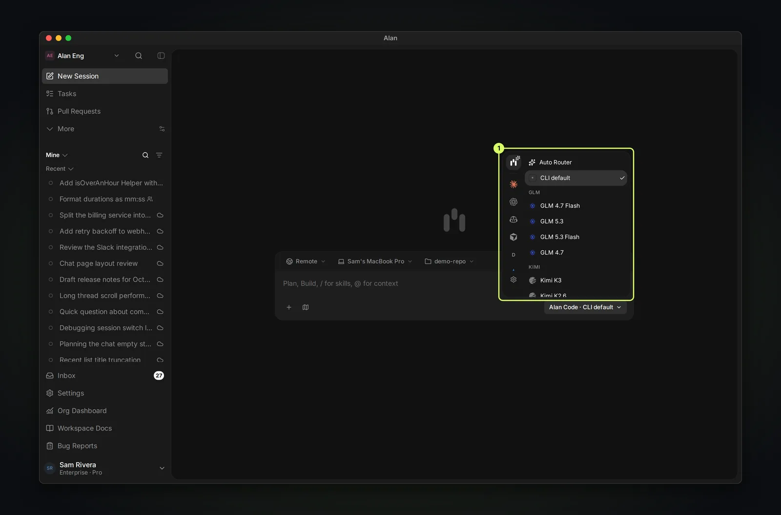 The Agent and model picker open: a column of coding agent icons on the left, and on the right Alan Code's Auto Router followed by models grouped as GLM and Kimi.