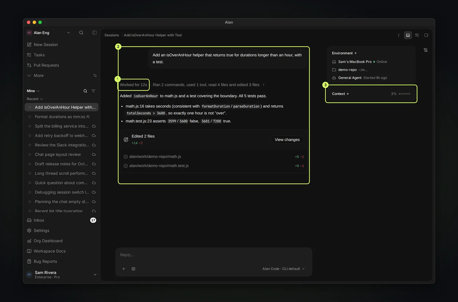 A session transcript showing the user's request, the agent's reply and work summary, and the session details panel.