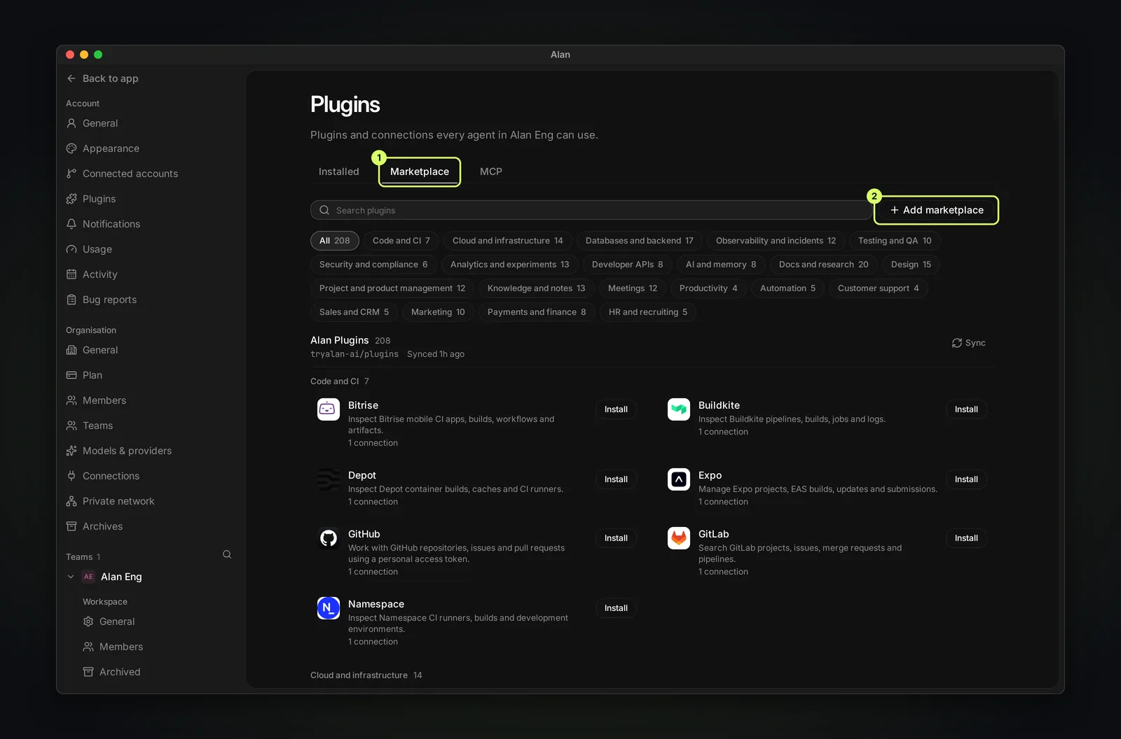 The team Plugins page on the Marketplace tab with a search box, category filters such as Code and CI and Cloud and infrastructure, and plugins like Bitrise, Buildkite, GitHub and GitLab with Install buttons.